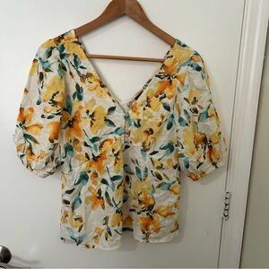 Gap | Women’s Yellow Floral Print Puff Sleeve Peplum Top | Size Small